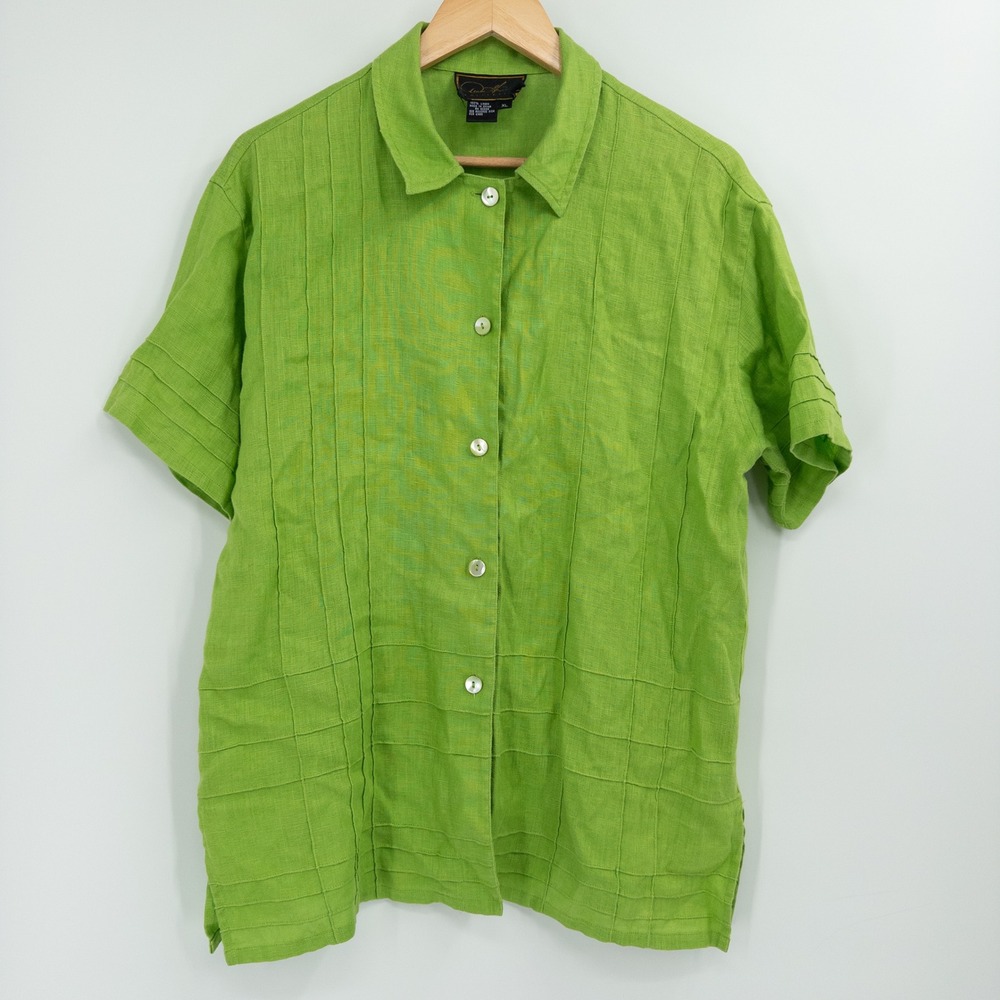 Diane Gilman Linen Shirt Women XL Green Short Sleeve Pintuck Resort Summer